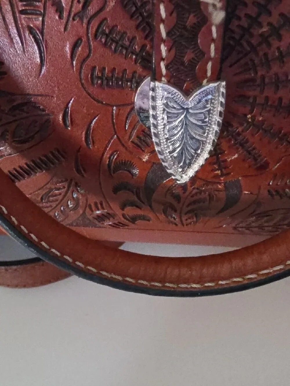 Women’s Tooled Leather Crossbody Bag in Saddle Brown with Silver Buckle